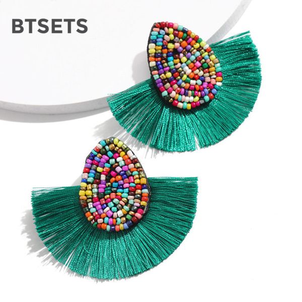 

bohemian beaded tassel earrings for women green big statement earrings female 2019 wedding fringe hanging earings jewelry, Silver