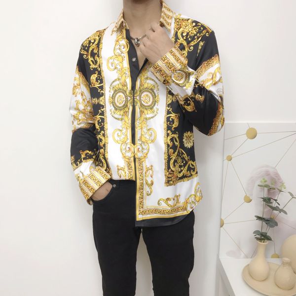 

mens 2020 luxury designer t shirts womens gold printed button down clothes 20ss summer new brand fashion casual slim men long sleeve shirt, White;black