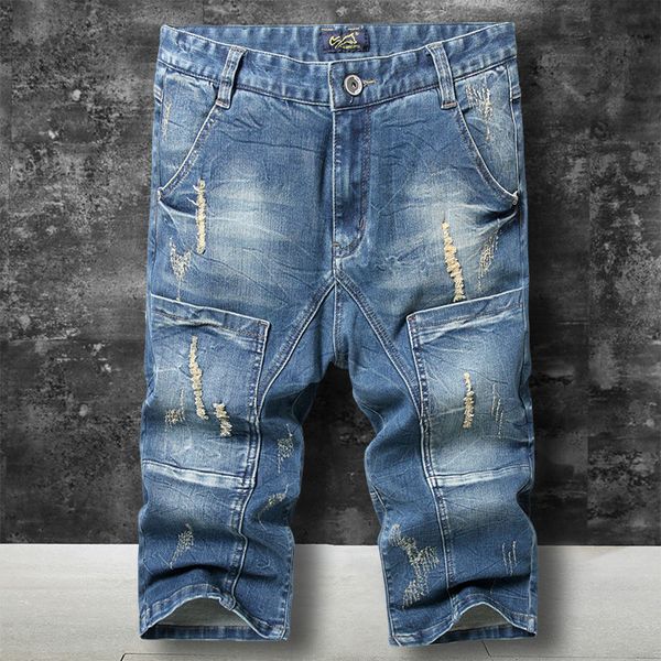 

summer mens ripped retro cargo denim shorts vintage acid washed faded multi-pockets style biker short jeans for men, Blue