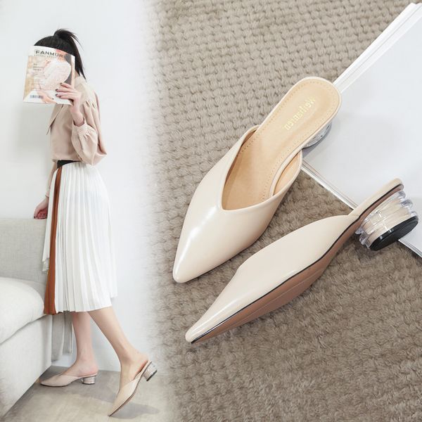 

plus size 43 fashion women pointed toe mules slippers block low heels v cut slides outdoor spring women shoes s36, Black