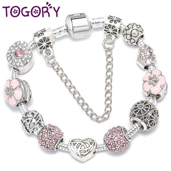 

togory new fashion jewelry crystal charms bracelets & bangles with love & flower beads bracelet for women girl jewelry gift, Golden;silver