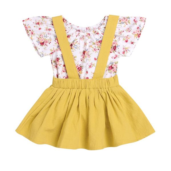 

fashion baby girls' 2 piece set floral short sleeves romper +suspender braces skirts, White