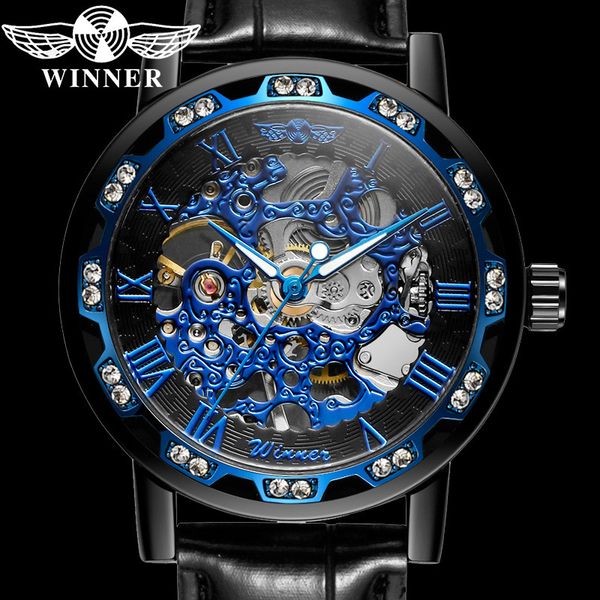 

winner mechanical men wristwatch army sport male clock blue skeleton hollow leather new man watch 8012, Slivery;brown