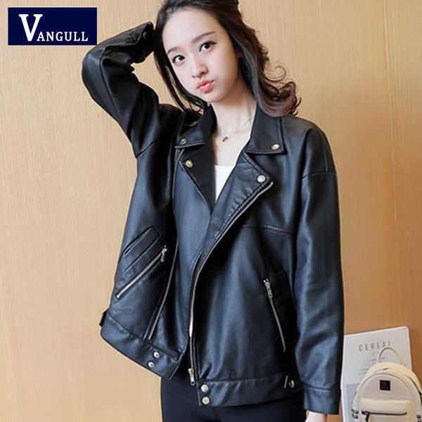 

vangull new autumn women black cool oversize lady pu leather jackets sweet female zipper faux turn down collar outwear coat 2019