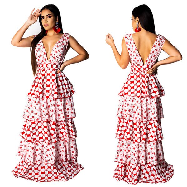 

women's summer dress fashion print cake dress skirt red sleeveless deep v-neck beach dress big backless african dresses s-xxl nb-1074, Black;gray