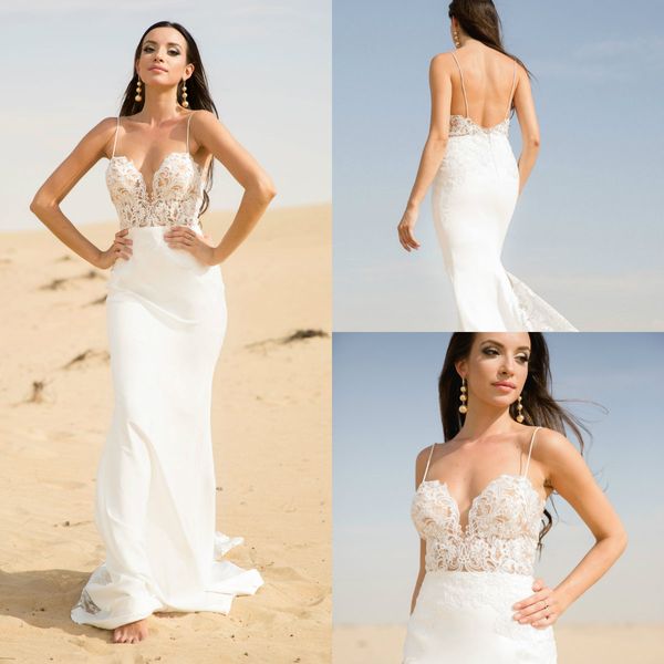 

beach style mermaid wedding dresses 2019 lace appliqued custom made backless wedding gown vestidos de novia sweep train country bridal dress, White