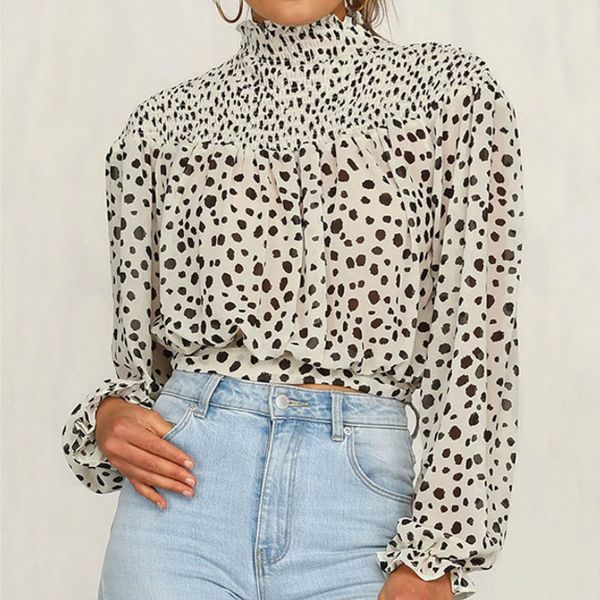 

women summer turtleneck chiffon printed blouse long sleeve fashion casual streetwear blouse, White