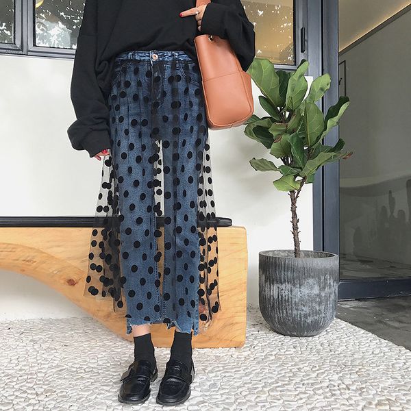 

polka dot long tulle skirt stitching high waist jeans woman new lady jeans summer pants vaqueros mujer denim femme c5717, Blue