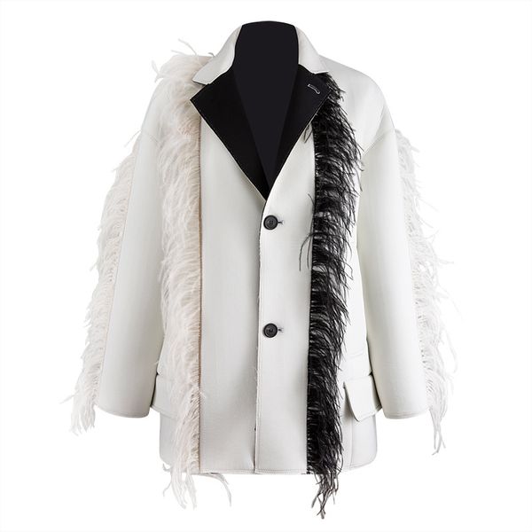 

new designer women blazer coat long sleeve suit coat with feathers women fashion slim blazer jacket style, White;black