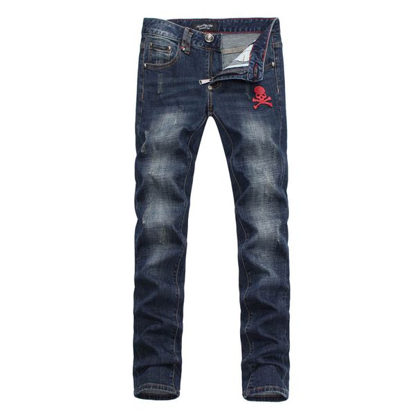 

new 2016 men pu front red skull and back black skull dark blue jeans,small stretch pencil pants #pp8102#,size 28 -36