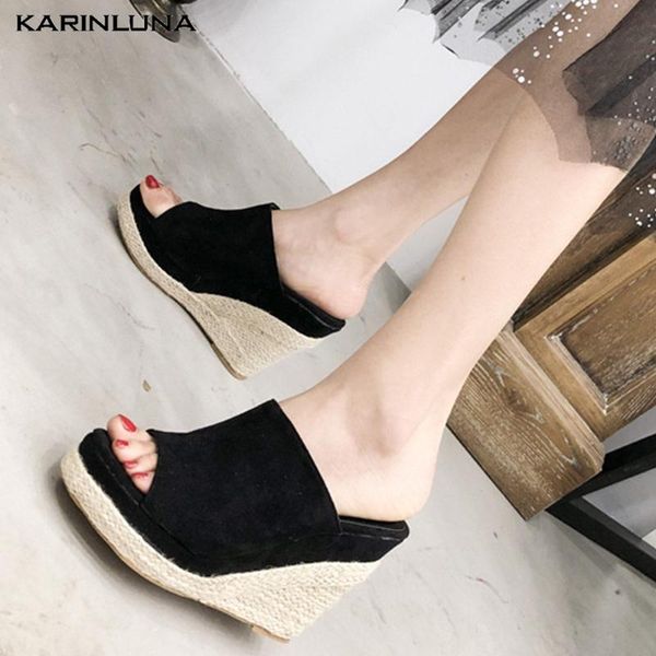 

karin 2020 new arrivals wedge high heels summer shoes woman slippers slip on peep toe platform dropship slippers women shoes, Black