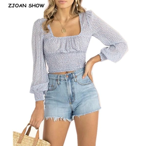 

2020 retro floral print elastic ruched high waist shirt new women square collar pullover blouse long lantern sleeve, White