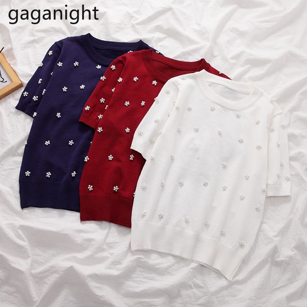 

gaganight pearl трикотажная футболка женская мода тонкий летний короткий рукав o образным вырезом уютная футболка женский шикарный корейский, White