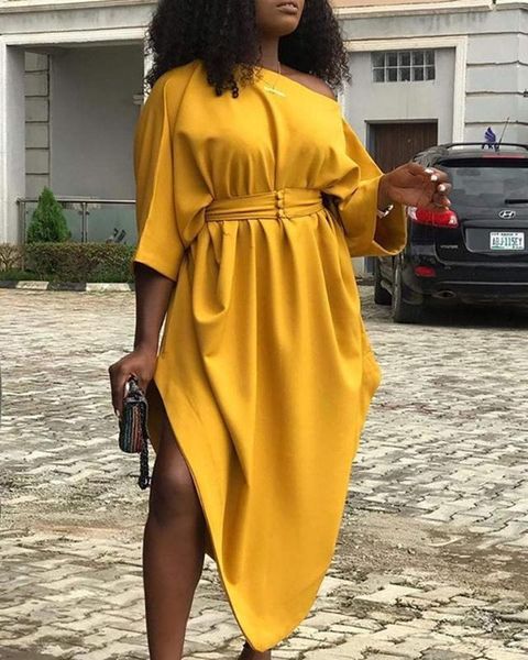 

one off shoulder plunge mdi dress women half sleeve autumn dress 2020 irrefualr batwing sleeve solid yellow dresses robe femme, Black;gray