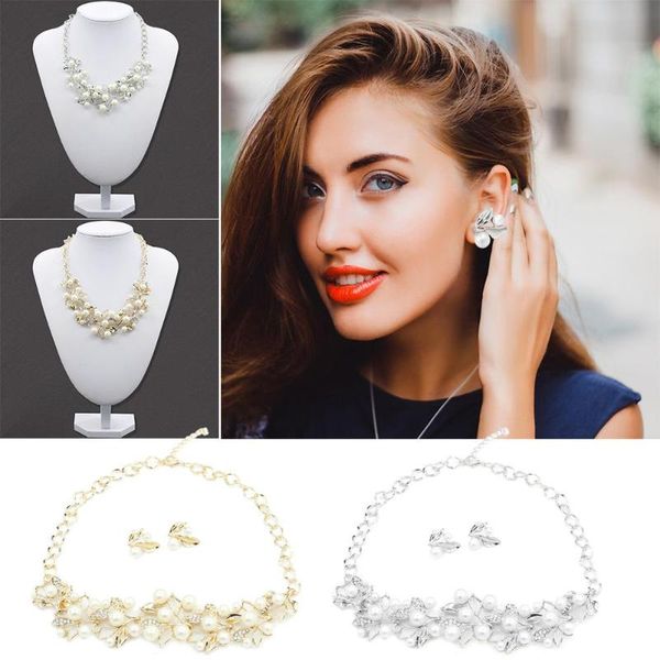 

2pcs/set imitation rhinestone pearl leaf earrings elegant necklace women jewelry sets for women girl gift, Silver