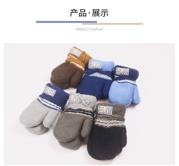 

new children's knitting gloves in winter: solid color, double wavy grain, ok mark, plush, thickened, double-layer with lanyard a