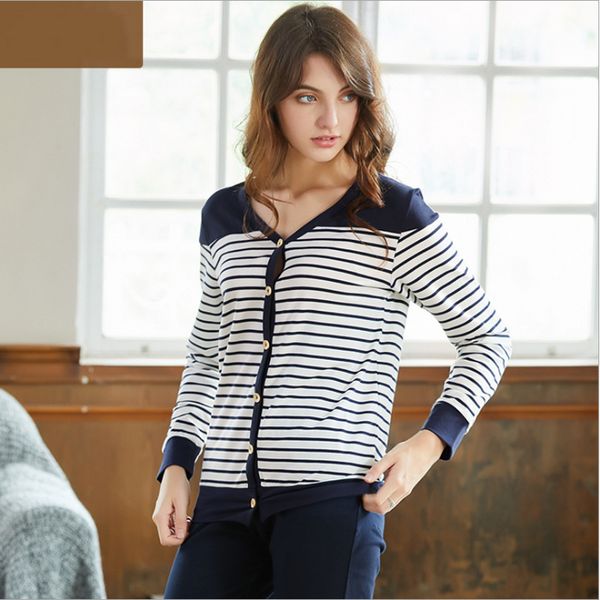

2019 spring women casual striped pajama sets female cotton sleepwear suit couples v-neck collar cardigan shirt & pants plus size, Blue;gray