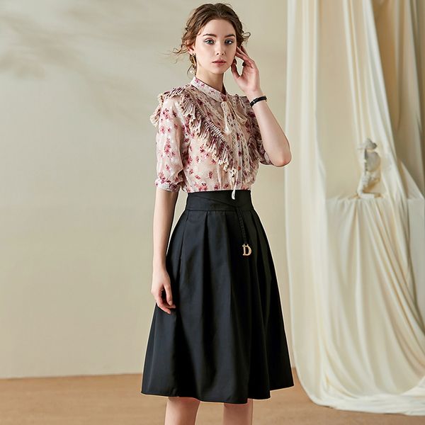 

skirt set 2020 women spring summer floral printed half sleeve lace patchwork blouse + solid color knee length skirt 2 piece set, White