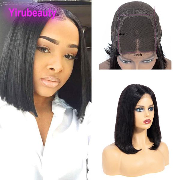 

indian virgin human hair 4x4 lace front bob wig natural color adjustable band straight wigs wholesale 10-16inch, Black;brown