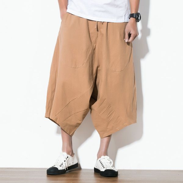 

men's pants plus size m-5xl chinese haren men linen baggy mens vintage calf-length wide leg hiphop, Black