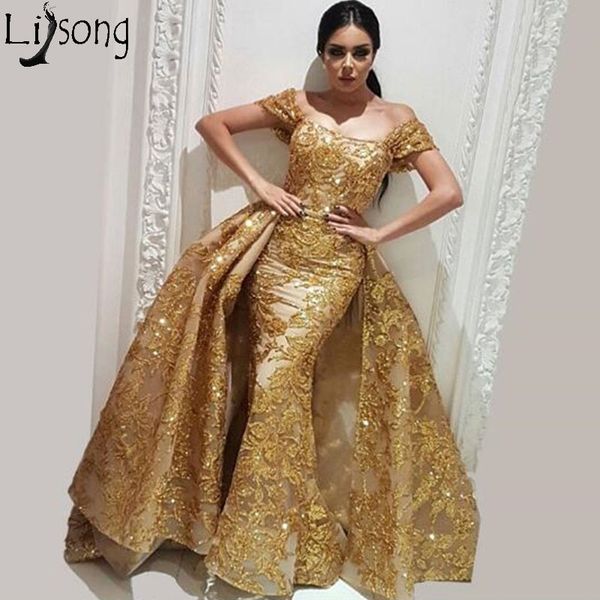 

sparkly gold overskirt mermaid prom dresses off the shoulder evening dress with detachable train organza sequins lace party gown, White;black