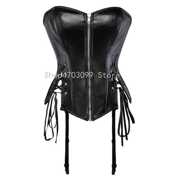 

faux leather corset zipper pu clothing waist cincher bustier clubwear lingerie lace up boned, Black;white