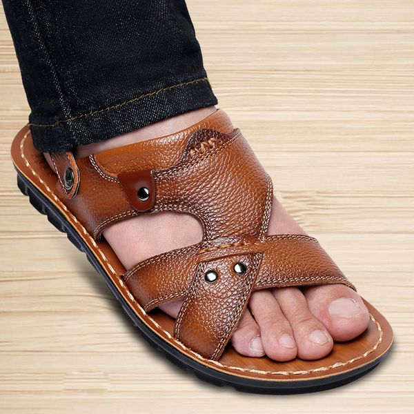 

men's sandals slippers cowhide genuine leather beach shoes men's trend casual men's non-slip two uses sandals t200420, Black