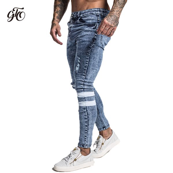 

gingtto 2018 new men skinny jeans skinny slim fit stretchy blue jeans big size cotton lightweight comfy hip hop white tape zm49