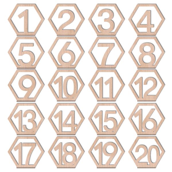 1-20 Números Placas de madeira Hexagon número da tabela com decoração Mark Partido Stand Holder rústico da tabela do casamento