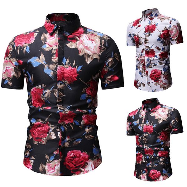 

2018 mens floral hawaiian shirt summer short sleeve slim flower beach shirts mens brand clothing plus size 3xl, White;black