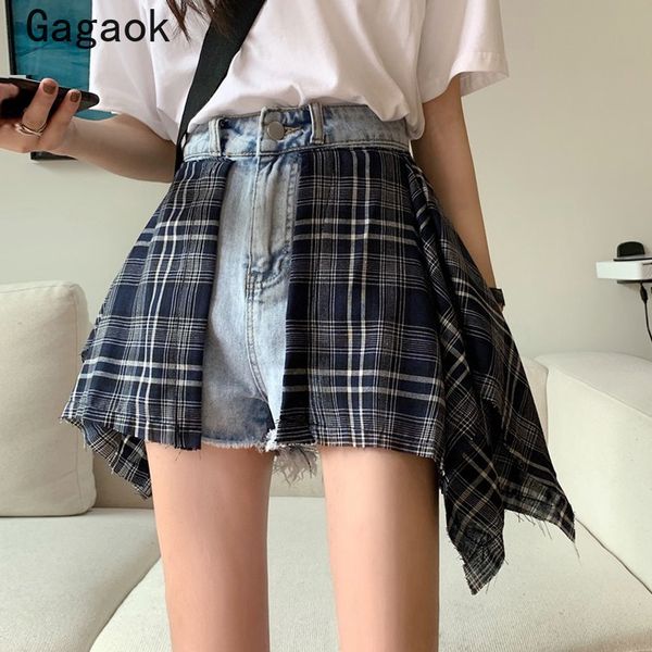

gagaok women streetwear plaid patchwork short 2020 summer new high button slim harajuku chic wild female fashion shorts, White;black