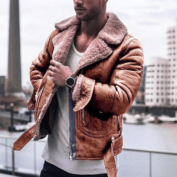 

men's casual coat pu leather long sleeve lapel loose fluffy winter autumn thick warm zip biker cardigan jacket, Black;brown