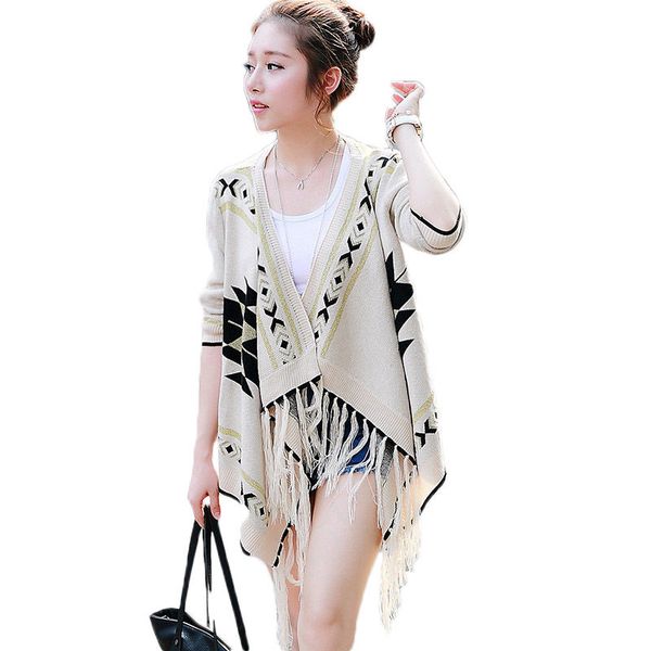 

oversized women knit sweater tassel cardigan jacket 2019 spring shawl coat outside irregular pattern beige korean cloak f540, White