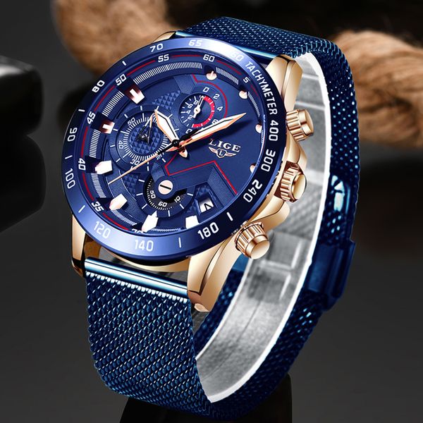 

relojes hombre 2019 lige новые мужские часы для мужчин вскользь голубой сетки пояса часы моды дата кварцевые наручные часы sport chronograph, Slivery;brown