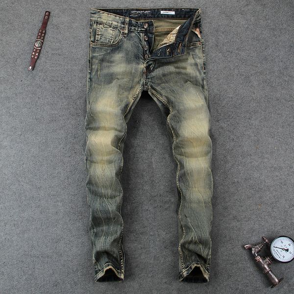 

italian style fashion men's jeans slim fit classical jeans stretch cotton vintage pants brand designer buttons, Blue
