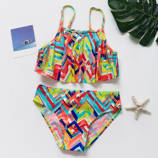 

2019 new swimsuit for girls 8-14 years two piece children's swimwear black ruffle girls swimsuit tankini biquini 9019