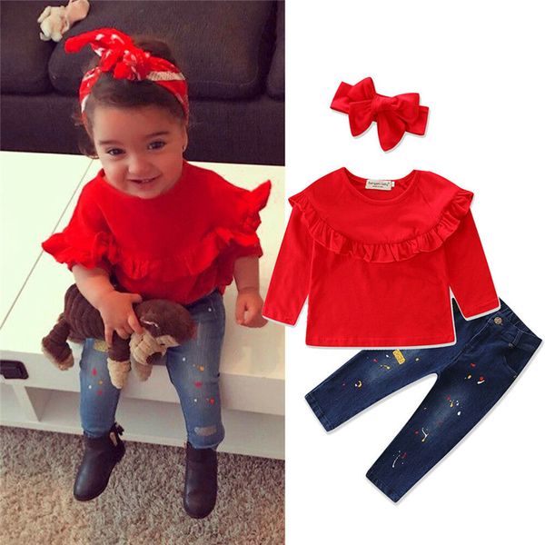 

2019 brand new toddler infant kids baby girl solid t-shirt denim jeans pants 3pcs sets fashion clothes autumn outfit 2-7t, White