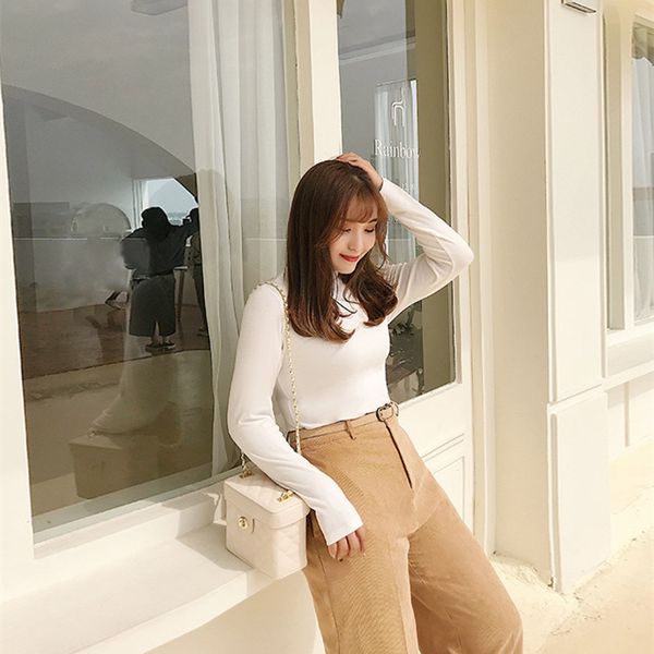 

2020new style autumn and winter large size plain turtleneck knit low waist jersey long-sleeve knitwear t-shirt cotton, White