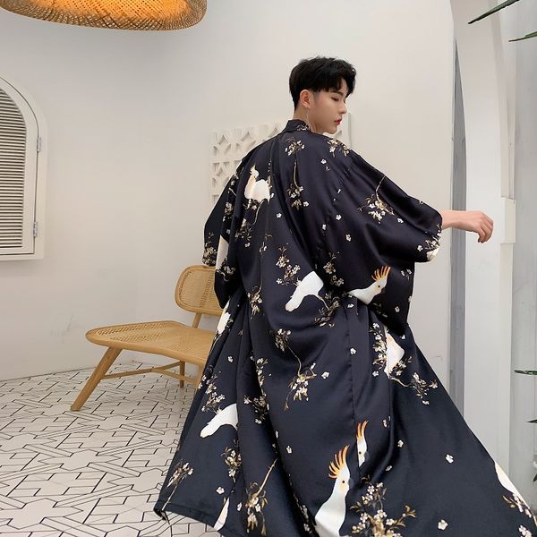 

мужская весенняя мода 3d принт сатиновый длинный плащ японский винтажный кимоно кардиган женщины длинный плащ harajuku панк, Tan;black