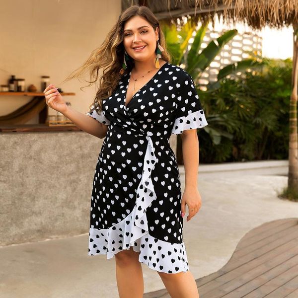 

dress womenplus size casual v-neck short sleeve elegant ruffled contrast heart print dress beach holiday sundress vestidos 2020, Black;gray