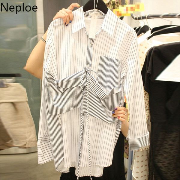 

neploe stripe blouse women causal patchwork long sleeve turn down collar blusas 2020 spring single breasted shirt 1a163, White