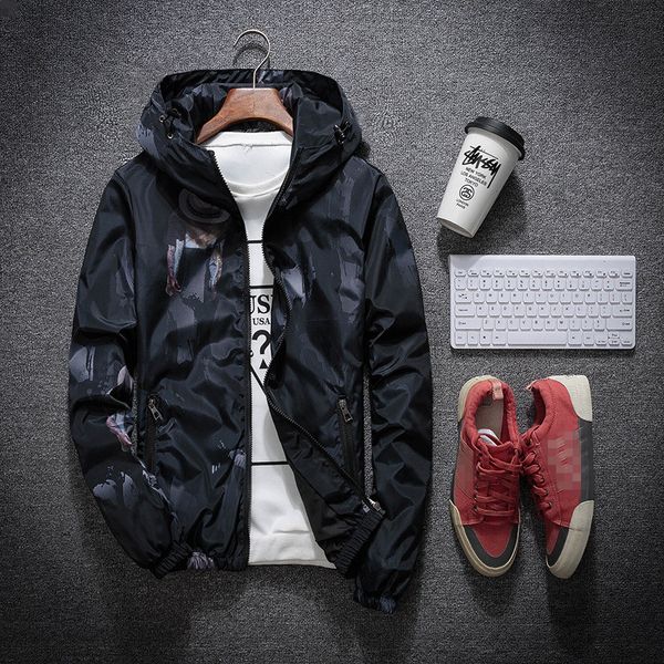 

new hip hop print jacket autumn men's streetwear jacket hooded windbreaker zipper coats fashion casual jackets drop shipping, Black;brown