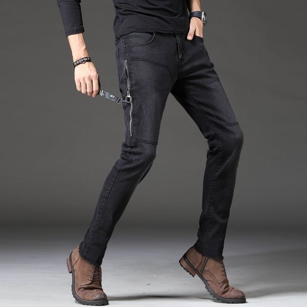 

2020 new street fashion men's skinny jeans black fitted zipper stretch locomotive bike hip hop trousers jeans, Blue