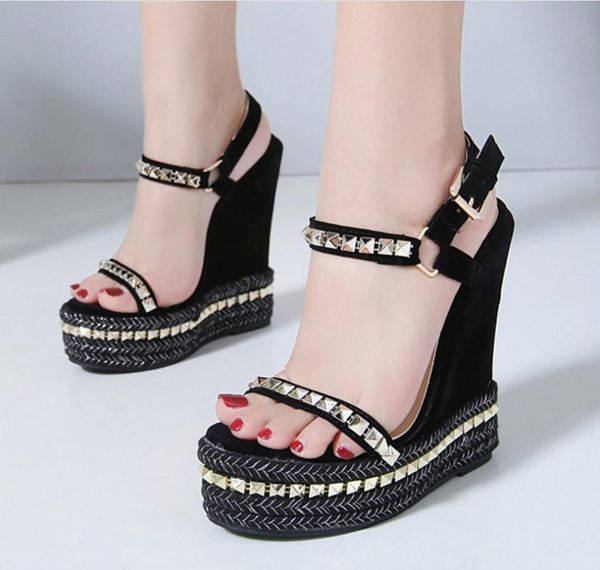 

waterproof platform and heel rivet thick bottom sandals toe women's shoes, Black