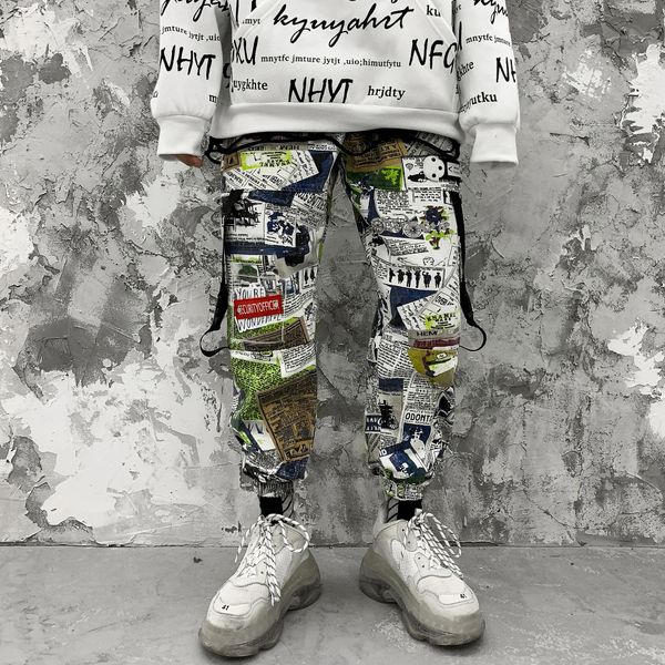 

men camo pants hip hop camouflage streetwear ribbon loose joggers sweatpants multi-pockets male trousers men clothing, Black