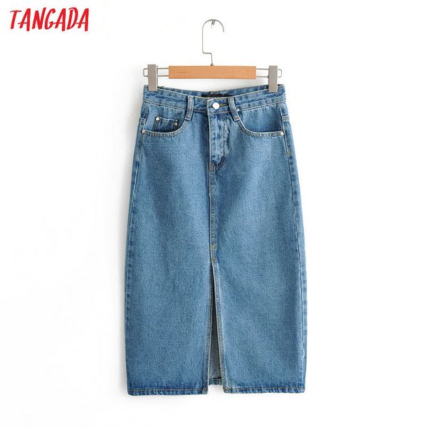 

tangada women denim skirts 2019 korea fashion pocket lady mid calf skirt high waist vintage skirts female fn66, Black;gray