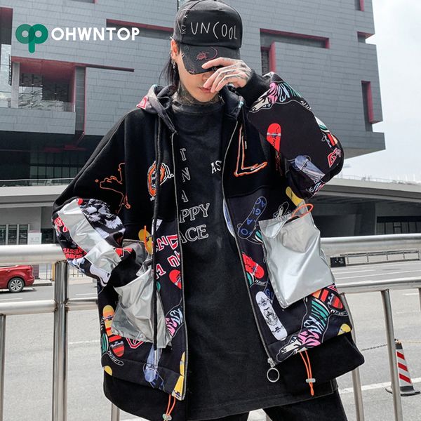 

color block patchwork pockets jacket men reflective graffiti thick hooded jackets harajuku casual coats hip hop loose streetwear, Black;brown