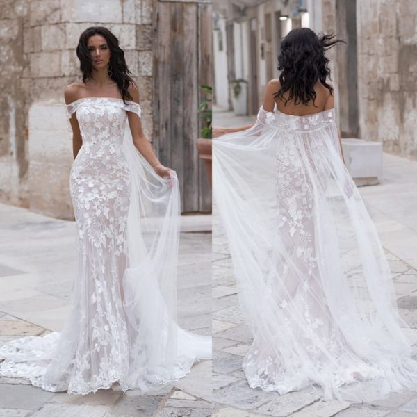 

fabulous mermaid lace wedding dresses with wrap off the shoulder bridal gowns corset back sweep train robes de mariÃ©e, White