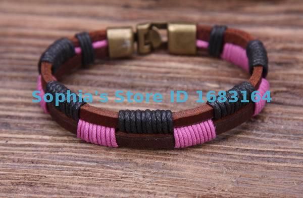 

g81 bronze handmade wraps leather wristband bracelet cuff mens pink & black mens, White
