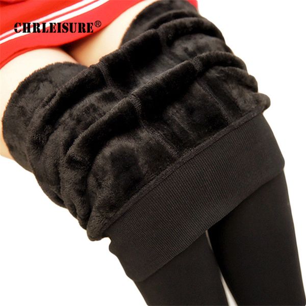 

chrleisure winter plus velvet leggings christmas polyester solid ankle-length pants push up keep warm standard legging women, Black